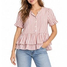 Madewell Pink White Striped Ruffle Peplum Button Front Top Size M Short Sleeve picture