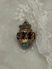 Vintage Etruscan Revival Lantern Charm Pendant Gold Gilded Ornate Filigree Glass picture