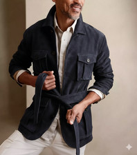 Men's Navy Blue Suede Safari Jacket Belted 4-Pocket Field Coat Jacket picture
