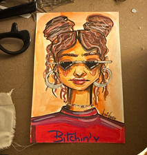 Signed Portrait Drawing Woman on Paper Illustration Art “Bitc***’” Unframed picture
