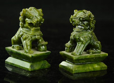 Exquisite Pair Chinese Green Jade Fengshui Foo Fu Dog Guardion Door Lion Pair picture