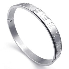 Mens Womens Stainless Steel Bracelet, Classic Roman Numeral Cuff 8mm Bangle, Sil picture