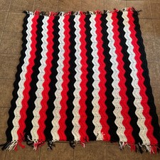 Vtg Grandma's Black Red Afghan Chevron Blanket Crochet Throw w/ Fringe 59x59” picture