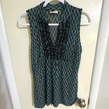 Soulmates Black/Blue/White Argyle V-Neck Sleeveless Ruffle Knit Blouse XL picture
