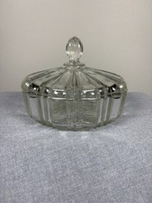 Vintage Anchor Hocking Old Cafe Clear Glass Covered Candy Dish Ribbed Pattern picture