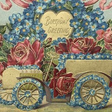 Antique 1909 Embossed Birthday Greetings Postcard Roses Forget-Me-Nots Car picture
