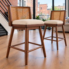Set of 2 Mid Century Modern Rattan Counter Height Stools Upholstered Bar Chairs picture