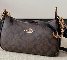 Coach Signature Logo Brown teri Shoulder Bag Zip Top Gold Hardware Strap picture