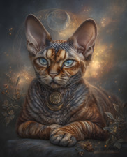 Golden-Eyed Spotted Cat with Jeweled Collar on Moonlit Rock Print - 176684736 picture