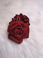 Rose Flower Hair Tie Wine Red Satin Scrunchie Hair Accessories Valentine Gift picture