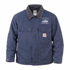 VTG Carhartt C03 Jacket Mens L 46 Navy Canvas Lined Corduroy Collar Thrashed picture