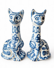 Vintage Pair MA Hadley Pottery 14.5” Tall Cat Vases Blue Hand Painted Stoneware picture