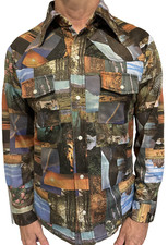 Vintage 70s Photo Collage Shirt Snap Polyester Retro AOP Outdoors Rainbow Mens M picture