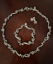 Brighton Silver Floral Scroll Jewelry Set 19 in Necklace, 8 in Bracelet,Earrings picture