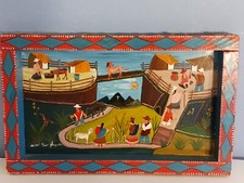 Vintage painting Peru Folk Art, signed llamas, gardens, people-Happy picture
