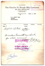 Original 1940 Charles N. Hough Co. Oil Well Specialties Receipt - Franklin, PA picture