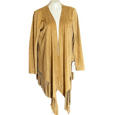 Zara Open Front Fringe Faux Suede Long Sleeve Jacket Sz L NWT picture