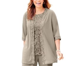 Catherines Women 26W NEW Gala Liquid Knit Cardigan Sequined Lace Chai Latte Tan picture