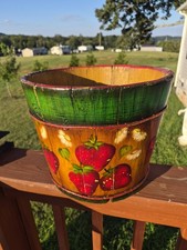 VINTAGE ANTIQUE WOODEN WELL BUCKET  FOLK ART PAINTED WOOD BANDED Strawberries 🍓 picture
