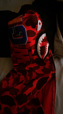 A Bathing Ape BAPE Red/Black Camo Full Zip Shark Hood Hoodie Embroidered S picture