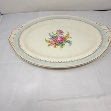 Homer Laughlin Eggshell Georgian Floral Oval Serving Platter Blue Gold Trim 15in picture