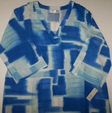 NWT N Natori Ocean Blue/White Artsy KASURI Woven Rayon Challis CAFTAN 3X Pockets picture