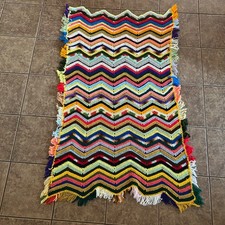 Vtg Grandma's Colorful Afghan Chevron Blanket Crochet Throw w/ Fringe 56x35” picture