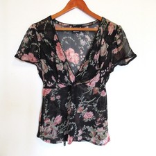 Vintage DCC Junior Top Medium Dark Floral Babydoll Y2K Sheer Fairy 90s Flowy picture