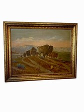 Authentic Antique Western Oil Painting Featuring Buffalo Herd 1917-1929 picture
