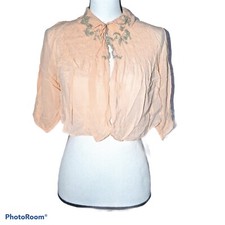 Vintage 40's, 50's Lingerie Jacket Pajamas Pinup Floral crochet, peach pink, M/L picture