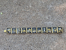 Vintage Amita Japan Damascene Bracelet Enamel Flowers Scenic Gold Tone 7