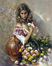 Beautiful Oil painting young girl seated with spring flowers and water pot picture