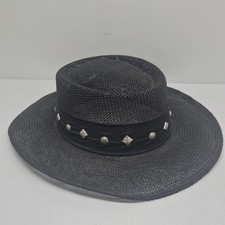 Town Talk Louisville KY Hat Size 7-1/2 Black Woven Straw Wide Brim Studded Band picture