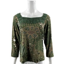 Chicos Womens Top Size 2 / Large Green Brown Lace Square Neck Stretch Knit Shirt picture