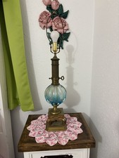 Mid-Century Modern Italian Murano Style Aqua Glass & Heavy Brass Accent Lamp picture