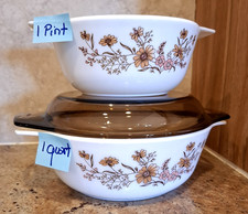 VTG JAJ Pyrex ENG Country Autumn Floral Casserole Dish Set 1 Pt 1 Qt Amber Lid picture