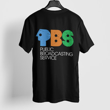 PBS Public Broadcasting Service Logo Retro Graphic T-Shirt Black Tee Back Print picture