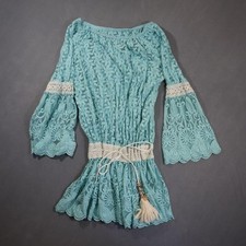 Boho Lace Bell Sleeve Tunic Top Aqua Blue Crochet Waist Festival Tassel picture