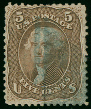 US Scott 75 Used, 5 Cent Red Brown, No Faults, Blue Cancel, SCV $425.00 picture