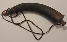 Antique 19th C Primitive Black Powder Horn Muzzleloader Flask w Brass Tacks picture