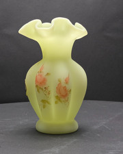 Vintage Fenton Custard Satin Uranium Glass Ruffled Rose Bowl Vase Hand Painted picture