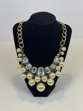 Gold Tone Faux Pearl Crystal Rhinestone Chunky Statement Bib Fashion Necklace picture