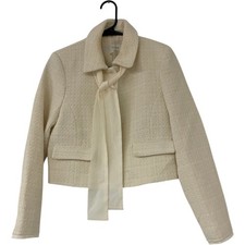 Zara Womens Blazer Jacket S White Textured Bow Tweed Cropped Career 2465/122 NWT picture