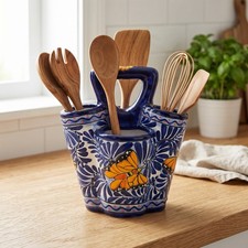 Talavera Utensil Holder | Blue & White Butterfly Design picture