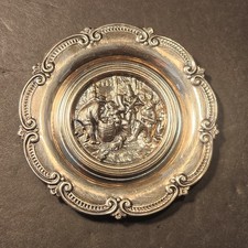 VTG Hans Jensen Denmark Silver Plate Repousse Tavern Scene Dish Coaster S&F picture