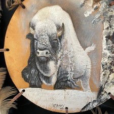 Oil Painting on Leather Cameron Blagg White Buffalo Shield 7.5” CAMPY Gift picture