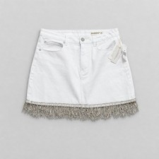 NWT BLANKNYC “Heart and Soul” White Rhinestone Fringe Denim Mini Skirt – Size 30 picture