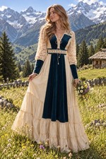 ​Vtg 70s Gunne Sax Jessica McClintock Prairie Dress Blue Velvet Cream Lace Maxi picture