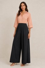 New Staud Jumpsuit Womens 8 Cashew Black Colorblock Wide Leg 3/4 Sleeve Designer picture