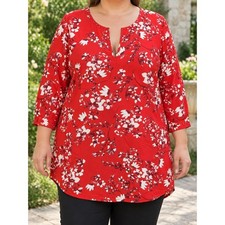 Ava & Viv 4X Red Floral Split Neck 3/4 Sleeve High Low Tunic Blouse picture